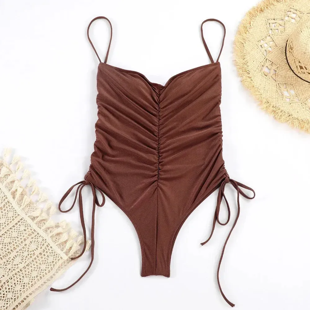 2024 New Style Drawstring One-piece Swimsuit For Women Solid Color Pleated Sexy Suspender Swimsuit