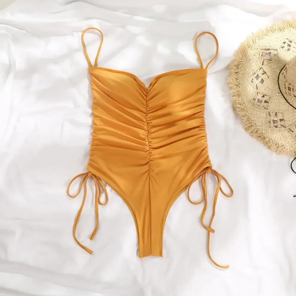 2024 New Style Drawstring One-piece Swimsuit For Women Solid Color Pleated Sexy Suspender Swimsuit