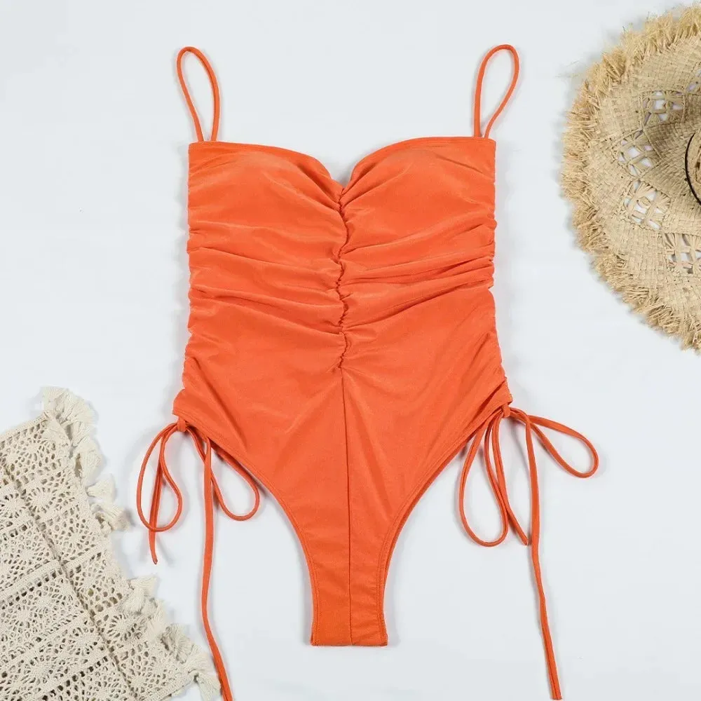 2024 New Style Drawstring One-piece Swimsuit For Women Solid Color Pleated Sexy Suspender Swimsuit