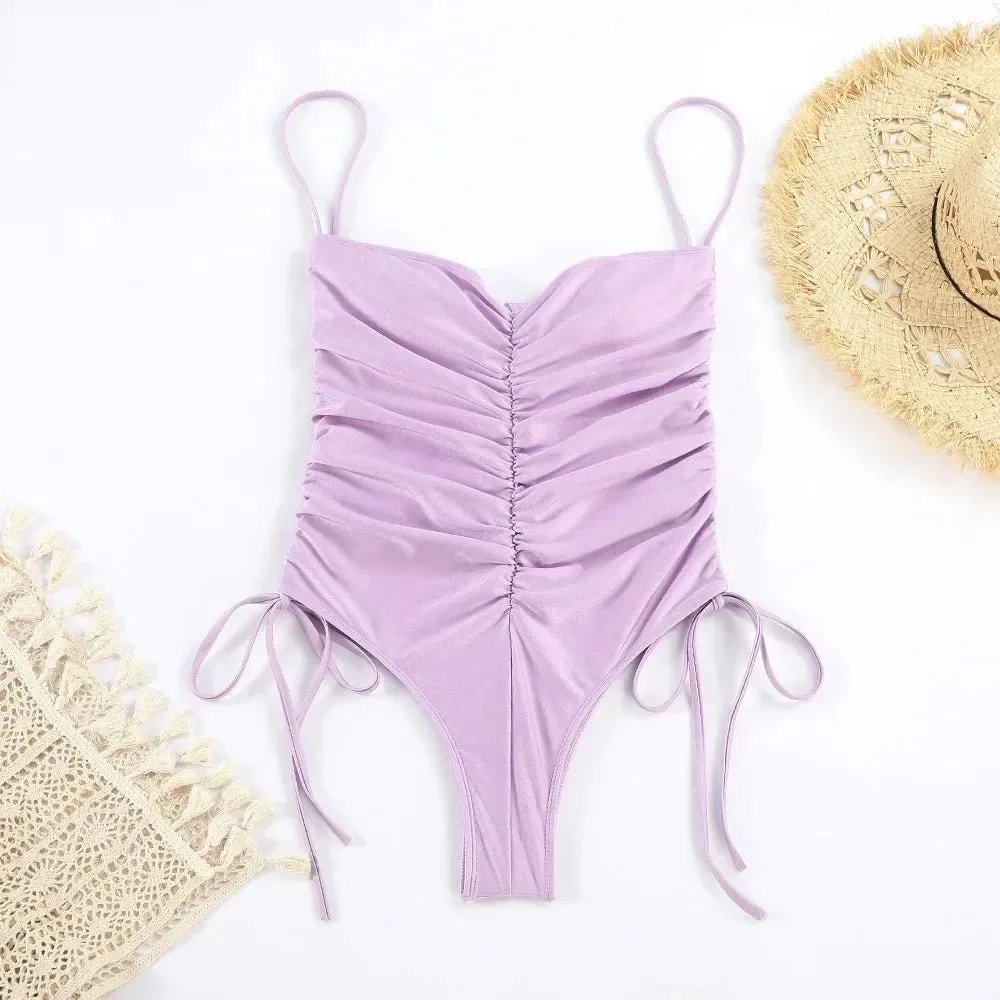 2024 New Style Drawstring One-piece Swimsuit For Women Solid Color Pleated Sexy Suspender Swimsuit