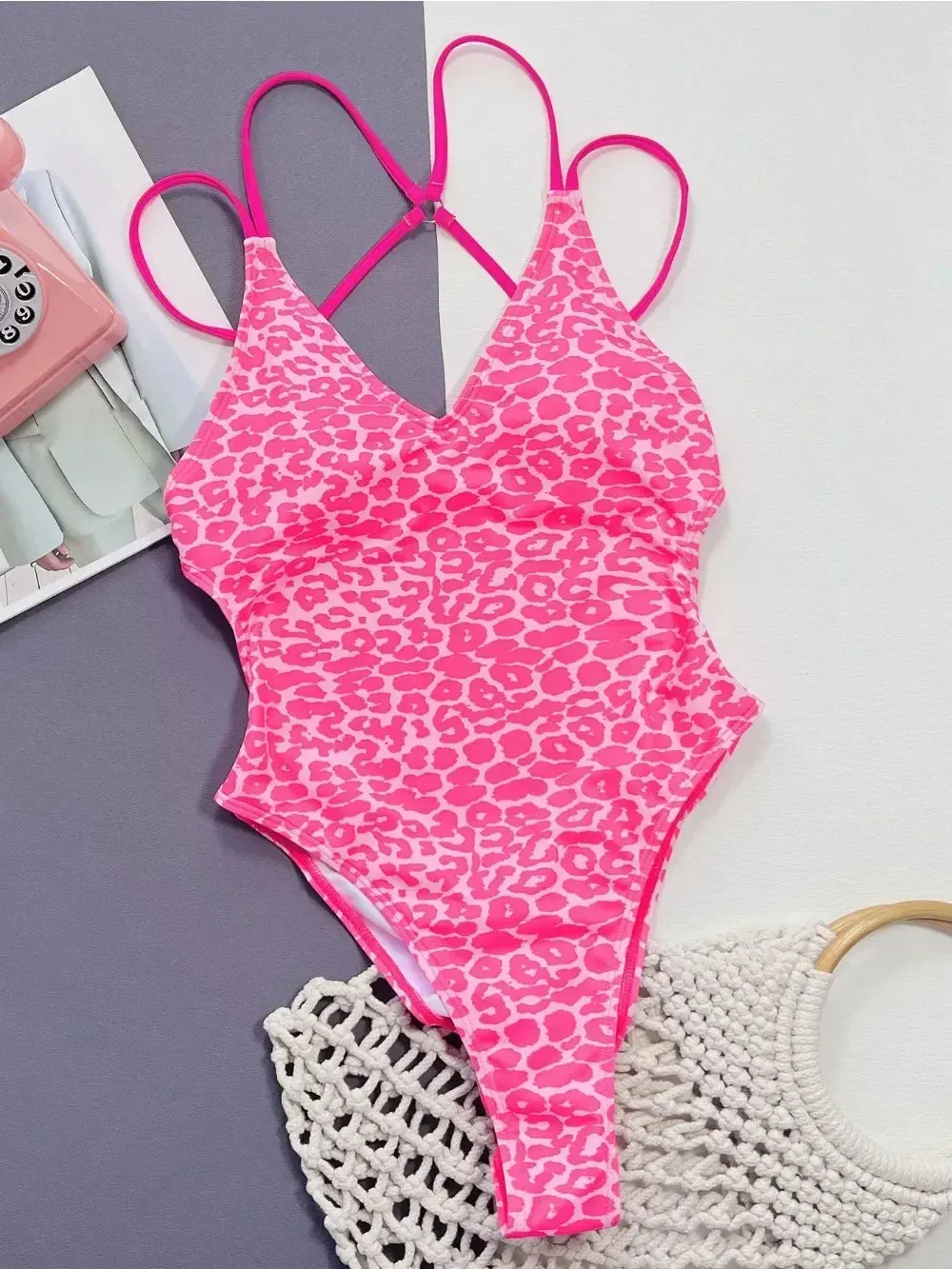 2024 Swimwear New Summer Women Solid Color Backless Cross Bandage Push Up Beachwear Swimsuit