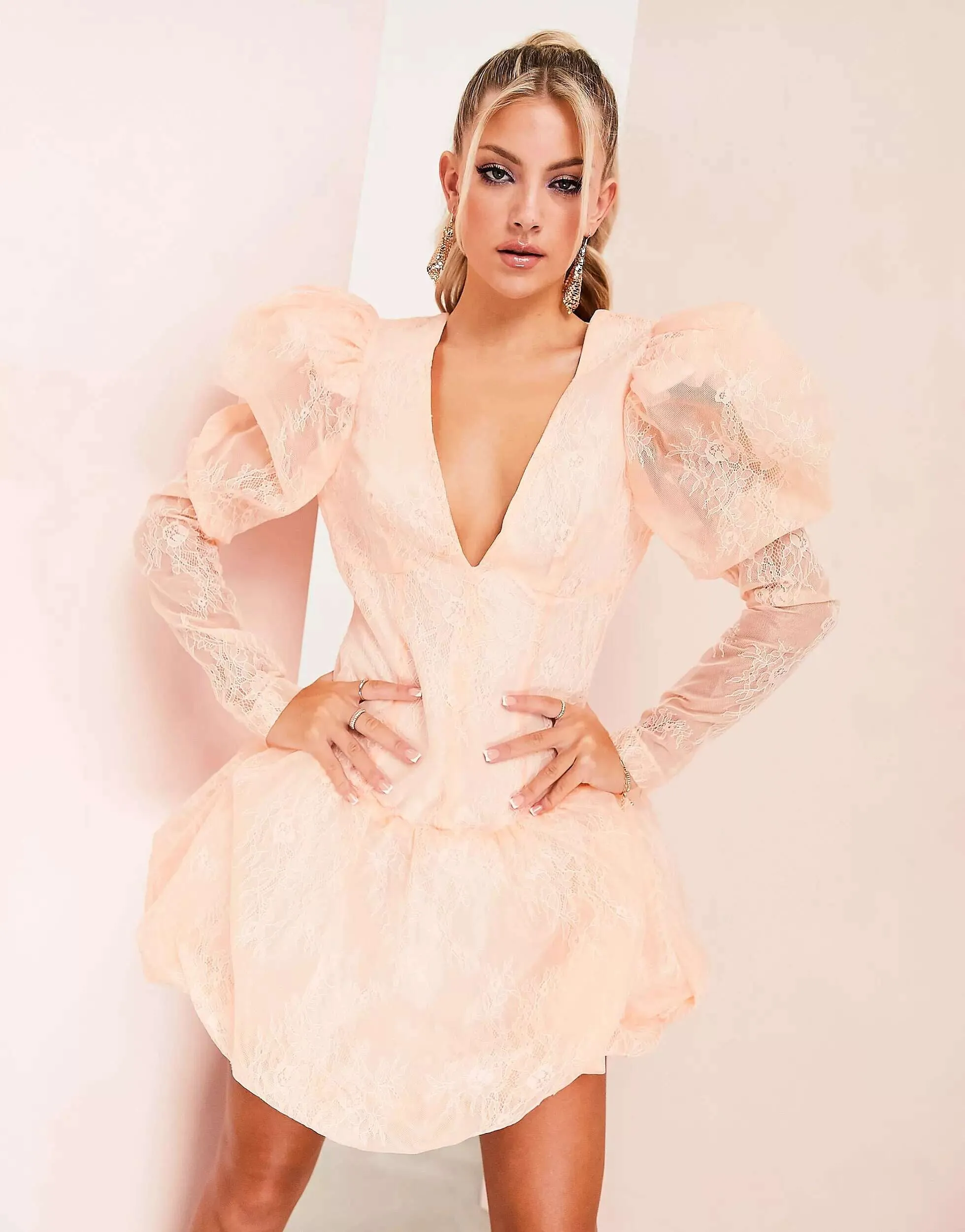 ASOS LUXE Pink Mini Dress with Lace Hem and Puff Sleeves