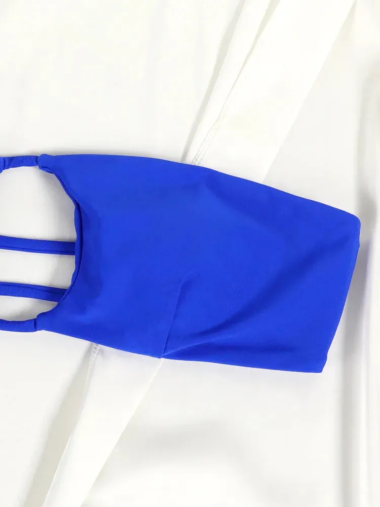 Blue Swimwear Hollow Out Bikinis Women Beachwear Bandeau Bathing Suit Sexy Biquinis Solid Push Up Swimsuit