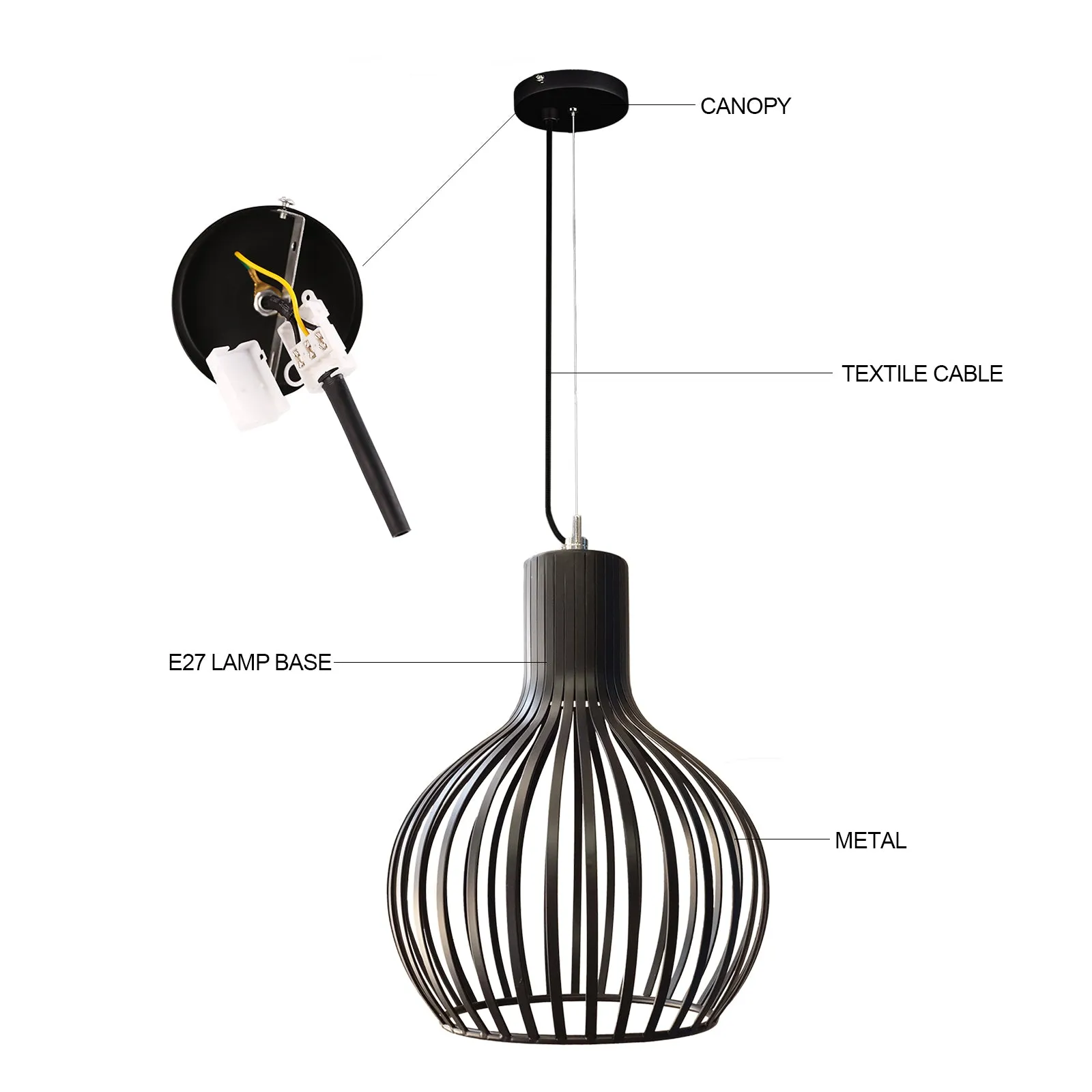 BOLLE Contemporary Vintage Style Metal Cage Pendant Light Matt Black E27 Lamp Base