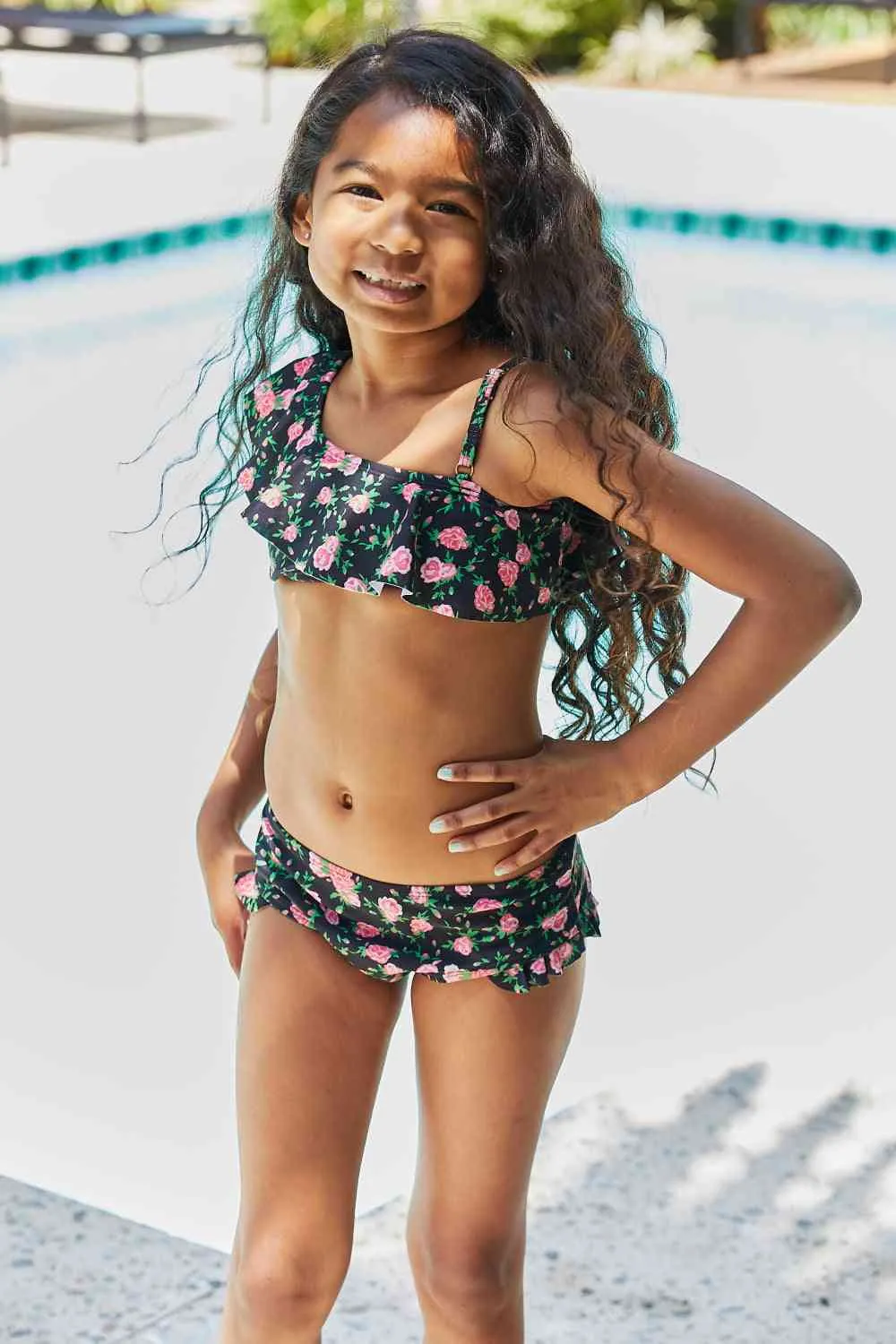 Clear Waters Two-Piece Girls Swim Set in Black Roses