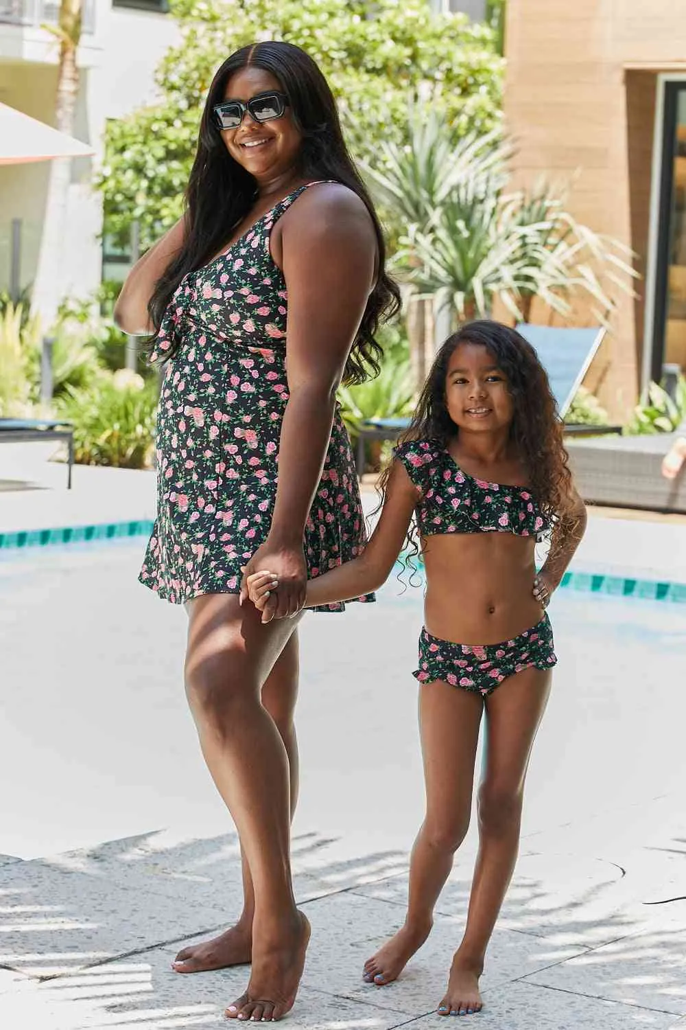 Clear Waters Two-Piece Girls Swim Set in Black Roses