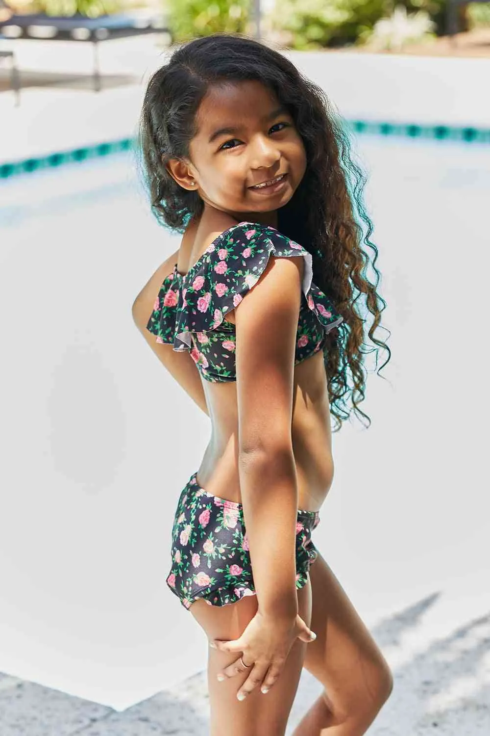 Clear Waters Two-Piece Girls Swim Set in Black Roses