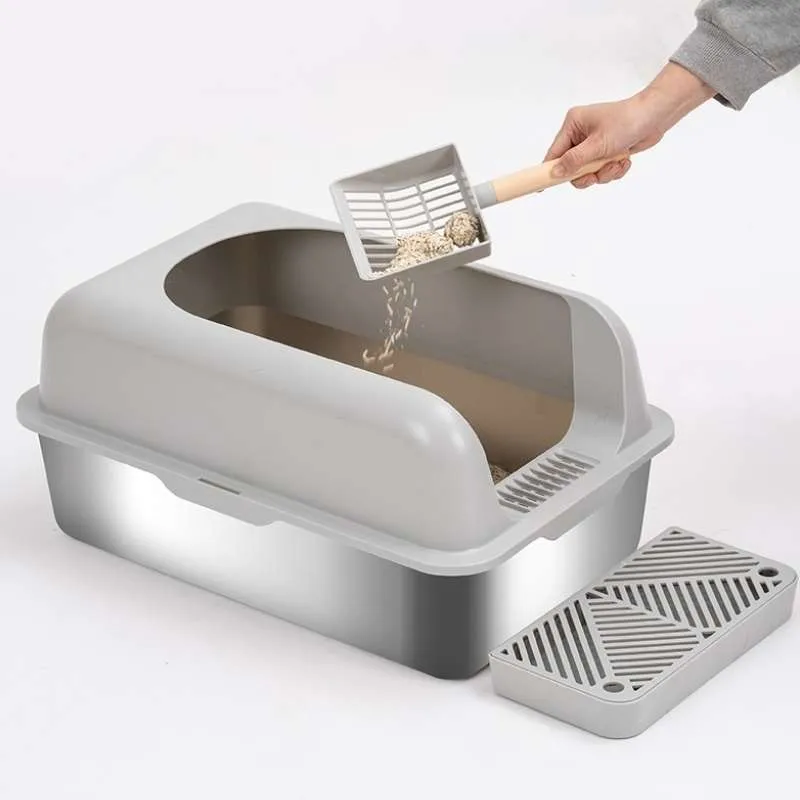 Extra-Large Semi-Enclosed Stainless Steel Litter Box with Splash Guard Design