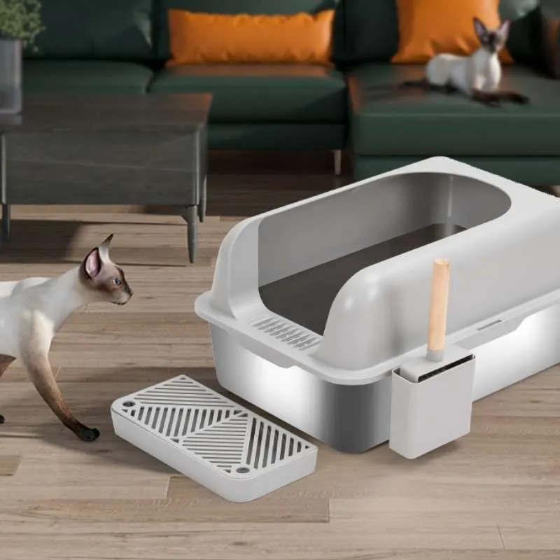 Extra-Large Semi-Enclosed Stainless Steel Litter Box with Splash Guard Design