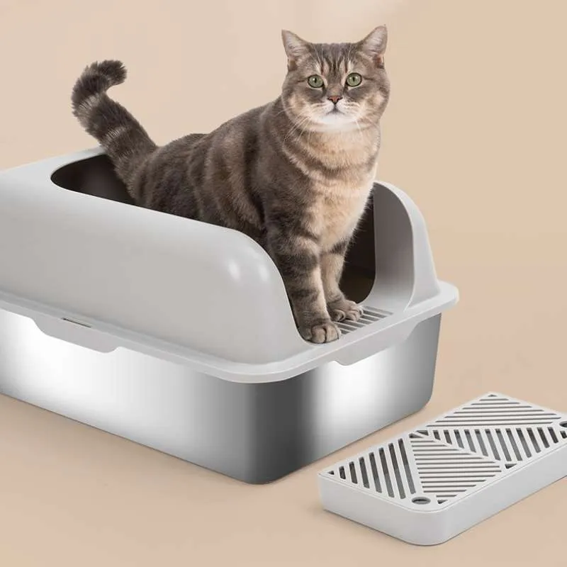 Extra-Large Semi-Enclosed Stainless Steel Litter Box with Splash Guard Design