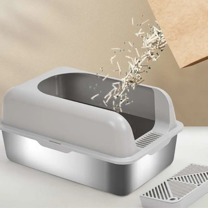Extra-Large Semi-Enclosed Stainless Steel Litter Box with Splash Guard Design