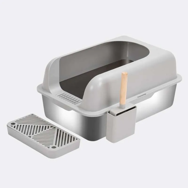 Extra-Large Semi-Enclosed Stainless Steel Litter Box with Splash Guard Design