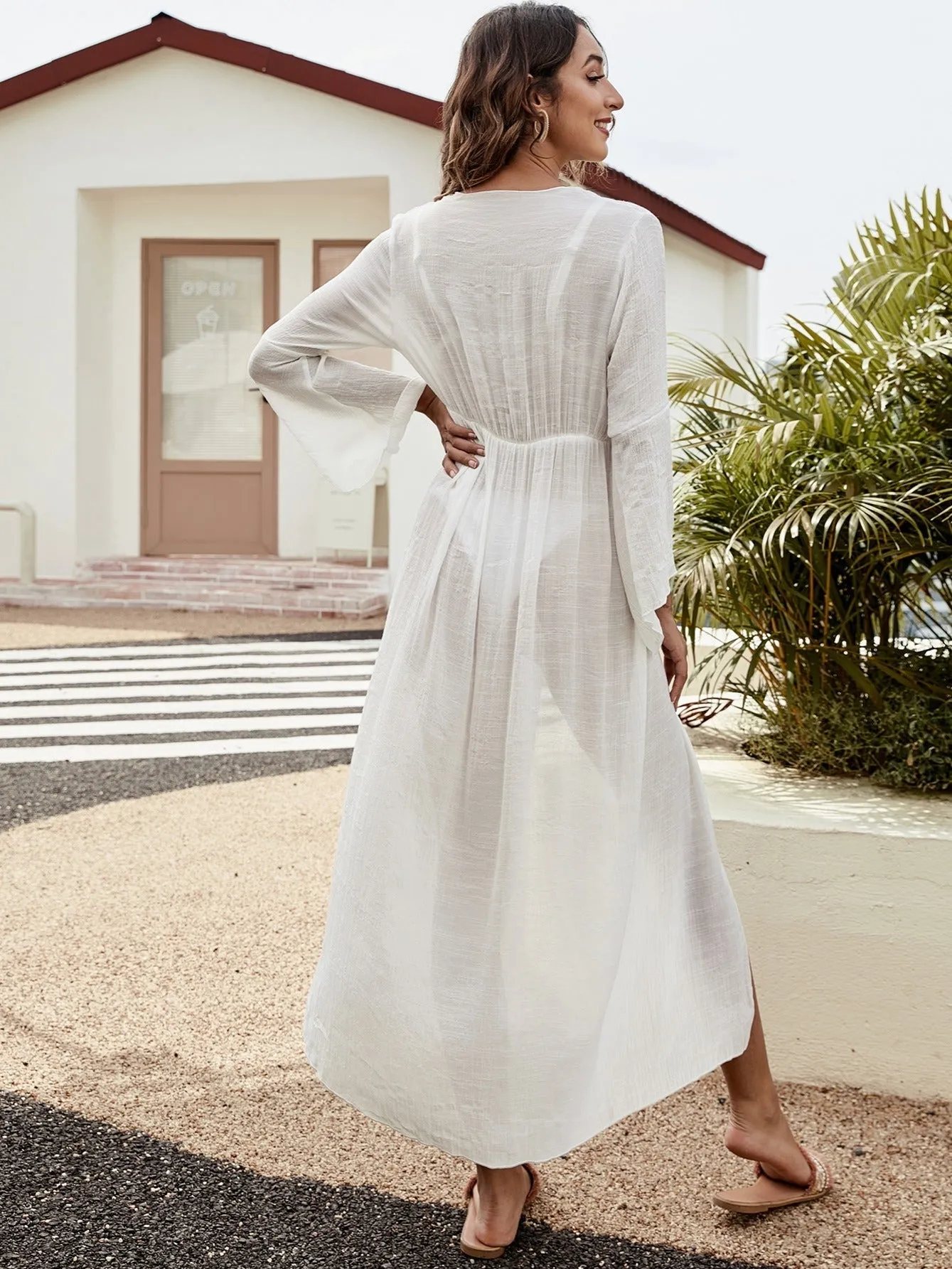 Long Sleeve Waist Belt Kimono Blouse Sheer Split Thigh Tie Open Up Front Cover Up Shirts