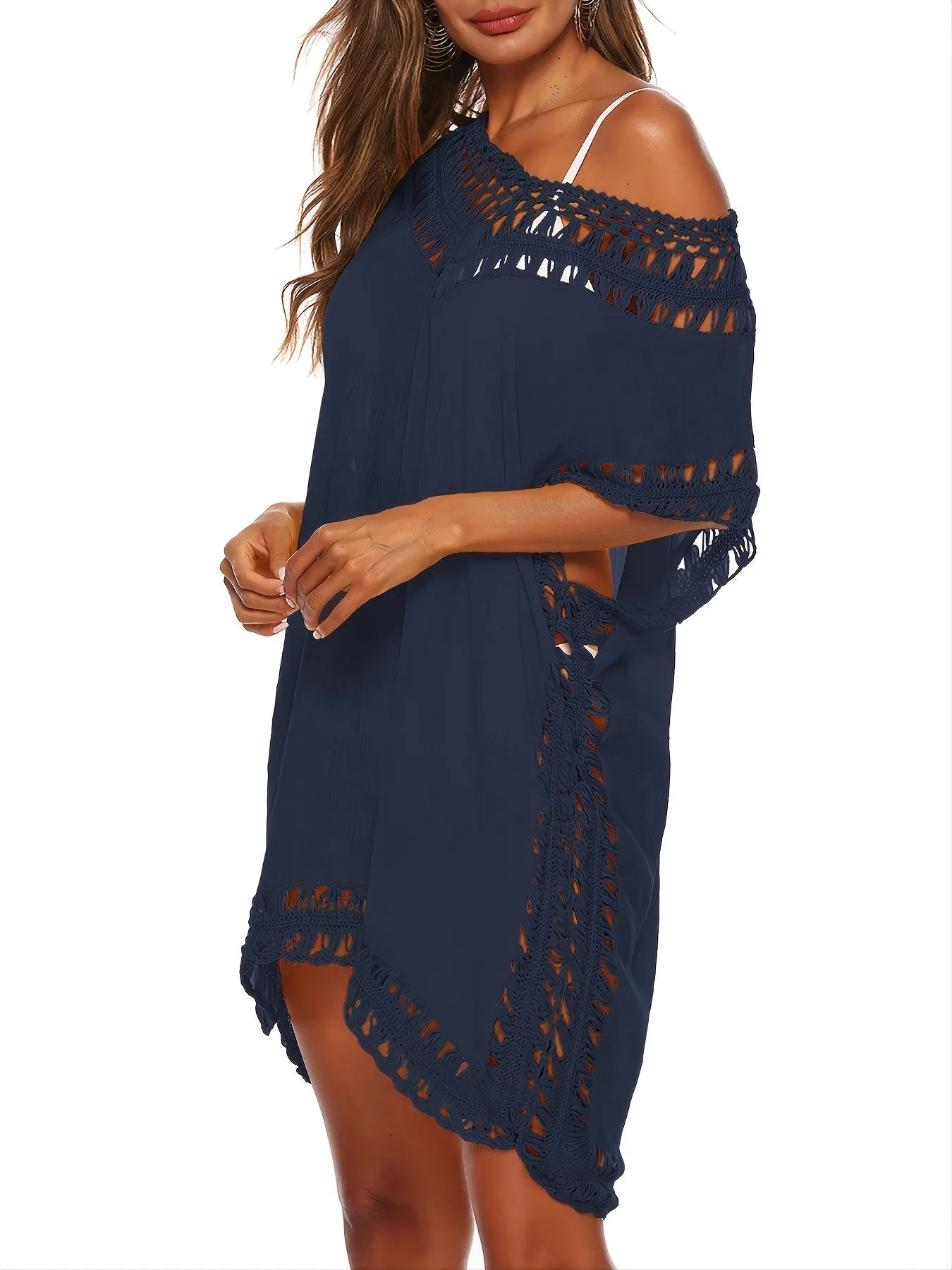 Loose Shape Lace Hollow Out Trim Sheer Cover Up Deep Solid Color Beachwear