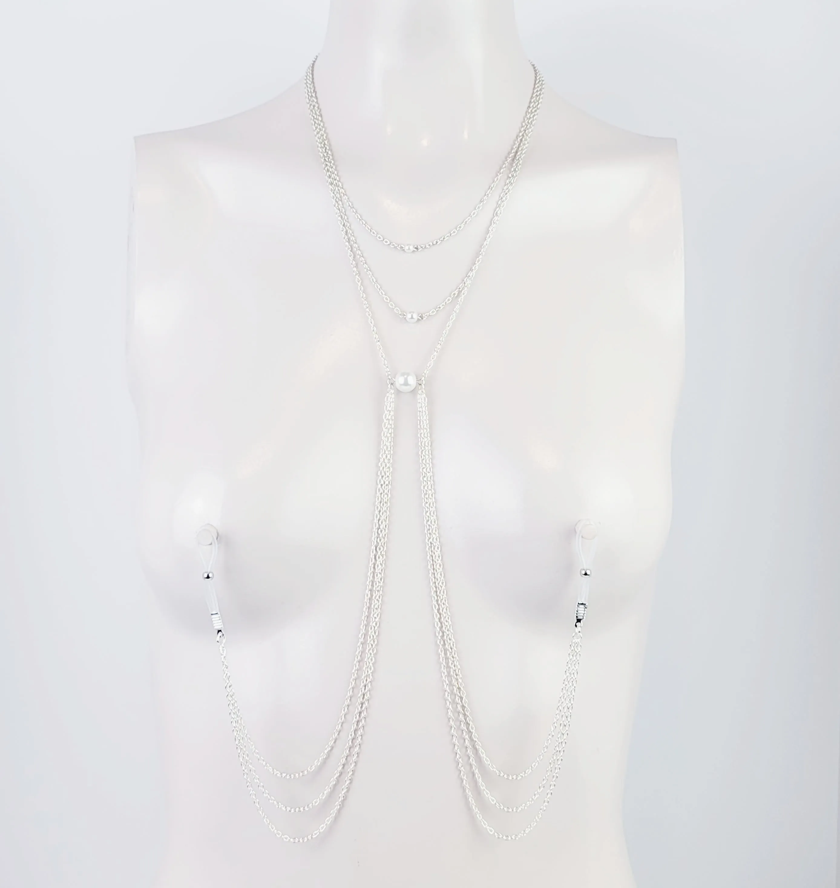 Multi Tiered Pearl Necklace to Nipple, Non-Piercing or with Nipple Clamps.