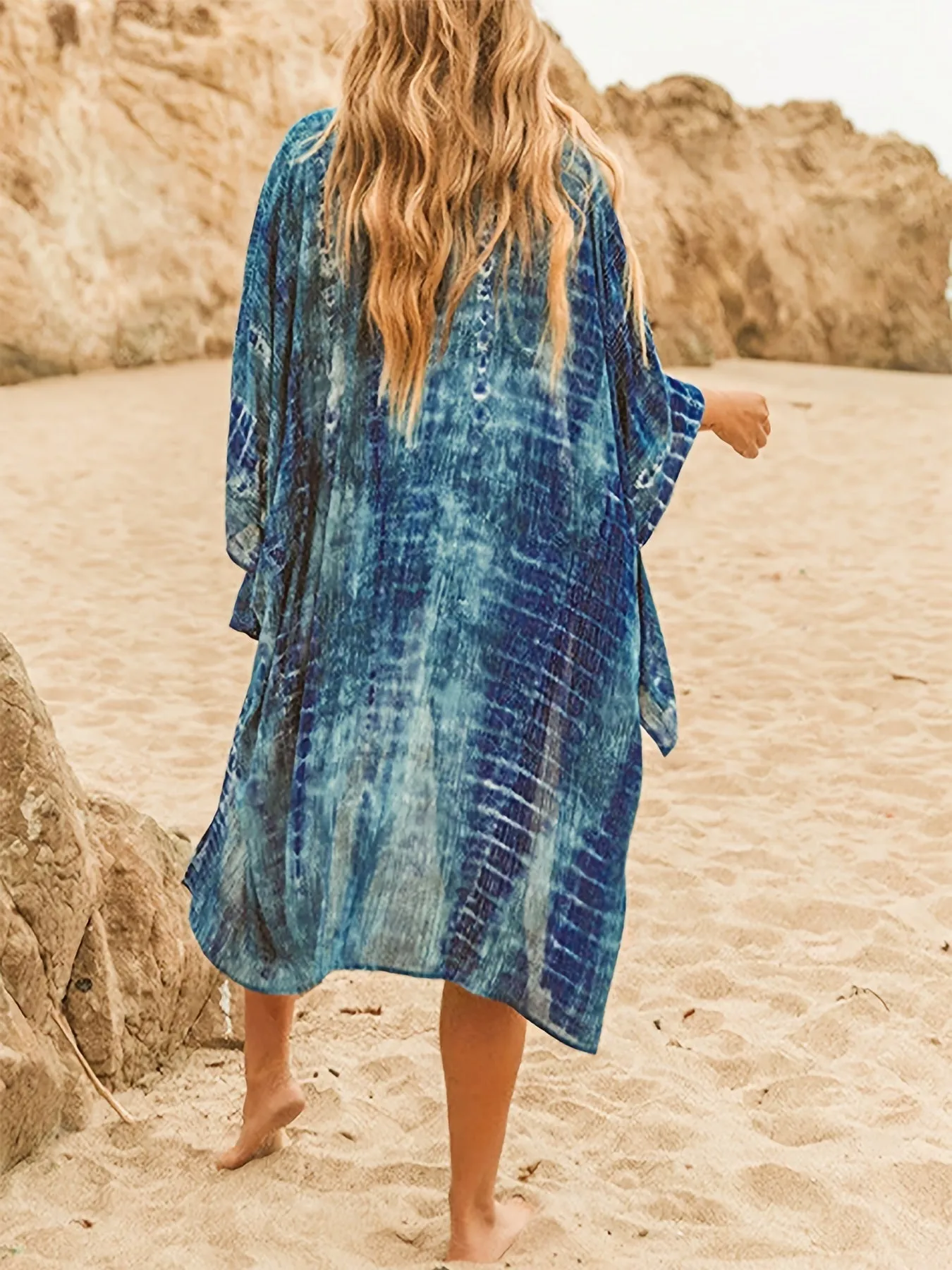 Natural Striped Print Long Sleeve Cover Up Rope, Sheer Wode Cuff Blue Cover Up Kinomo