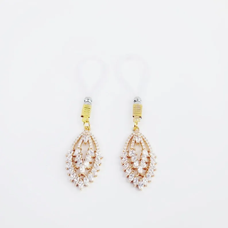 Non Piercing Gold Nipple Dangles with Cubic Zirconia