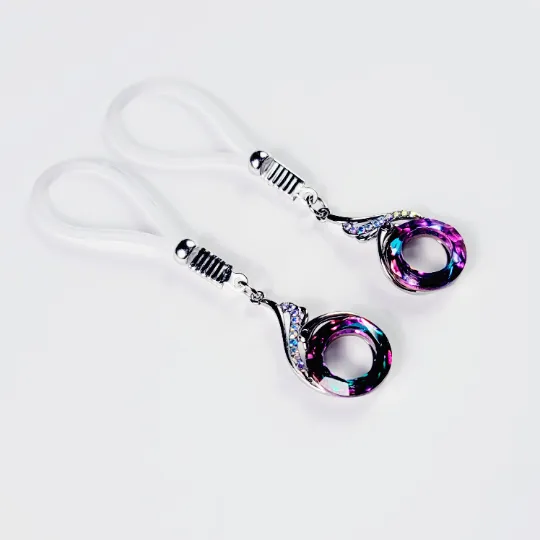 Non Piercing Peacock Nipple Dangles with Non Piercing Nipple Nooses Or Nipple Clamps. BDSM