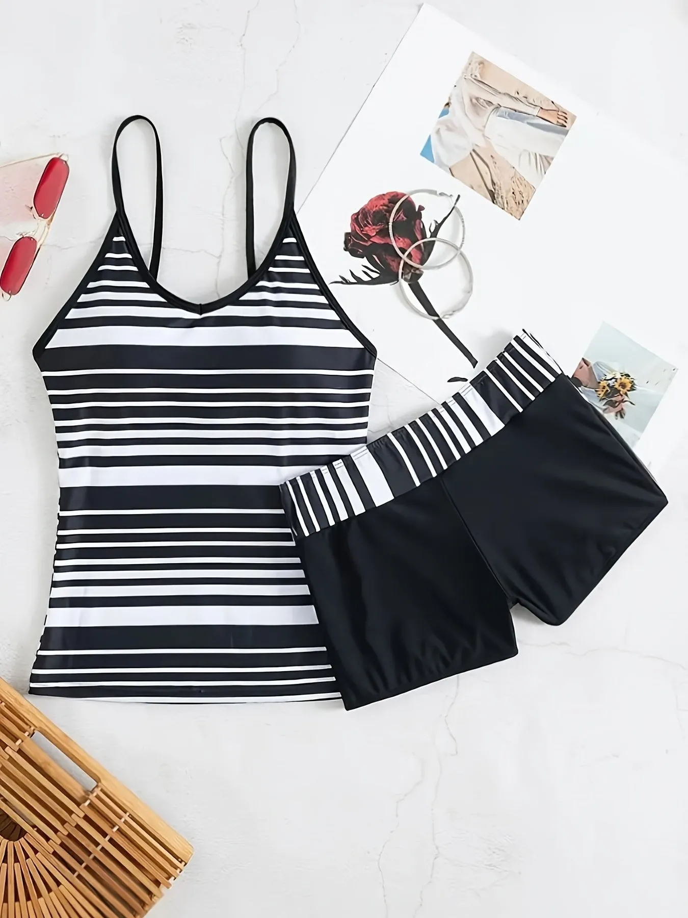 Striped Print Tankini Sets Round Neck Spaghetti Straps High Waist Boxer Short Bottom 2 Pieces Swimsuit