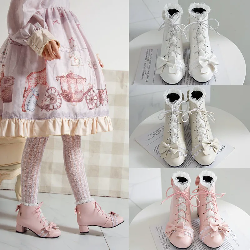 Sweet Princess Fairy Girl Bow Lace White Cream Pink High Heels Boots