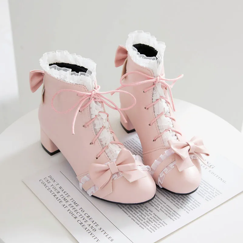 Sweet Princess Fairy Girl Bow Lace White Cream Pink High Heels Boots