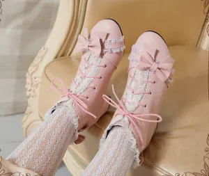 Sweet Princess Fairy Girl Bow Lace White Cream Pink High Heels Boots