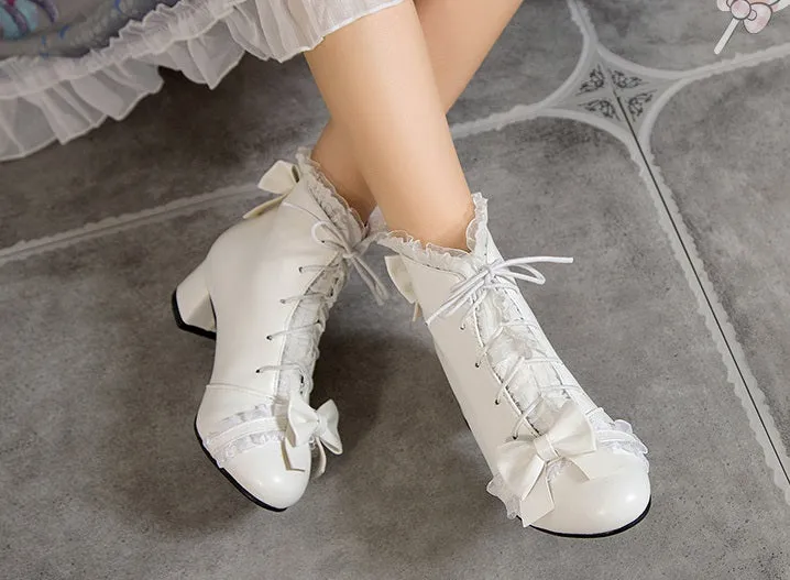 Sweet Princess Fairy Girl Bow Lace White Cream Pink High Heels Boots