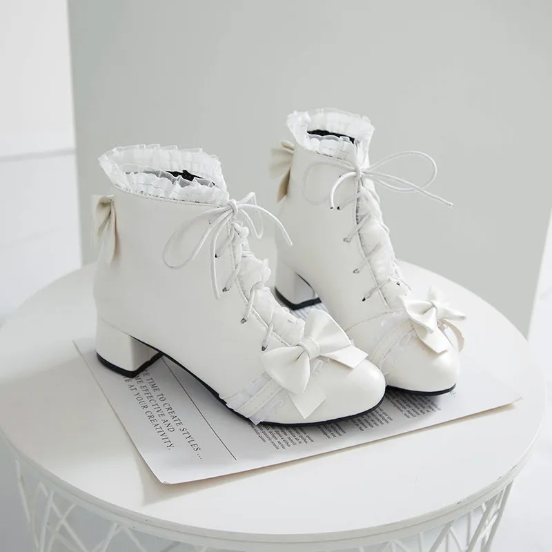 Sweet Princess Fairy Girl Bow Lace White Cream Pink High Heels Boots