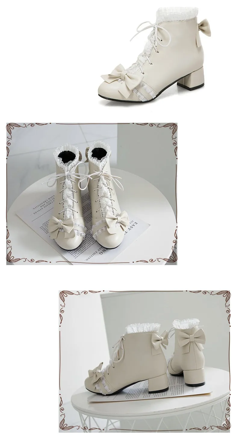 Sweet Princess Fairy Girl Bow Lace White Cream Pink High Heels Boots