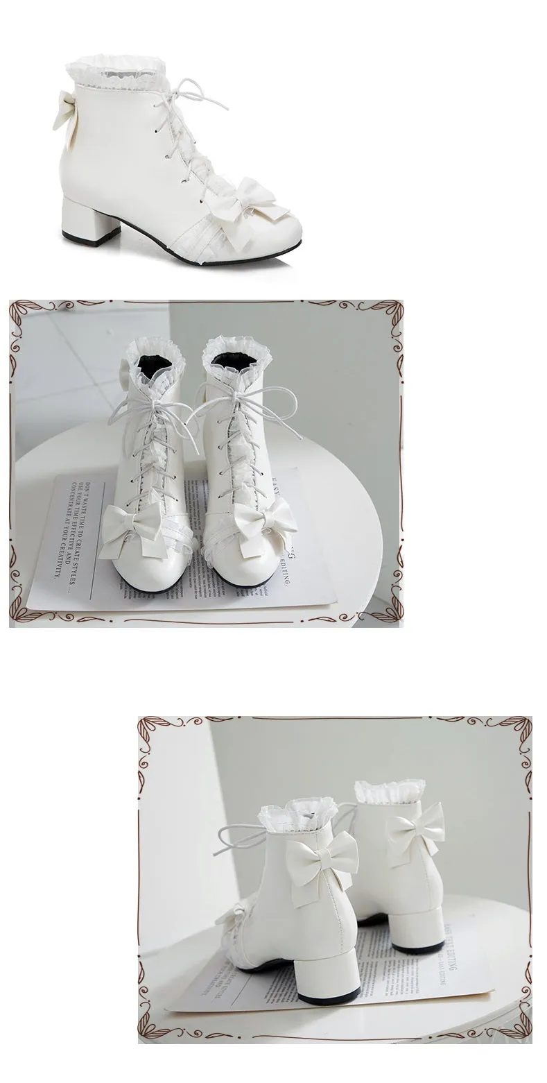 Sweet Princess Fairy Girl Bow Lace White Cream Pink High Heels Boots