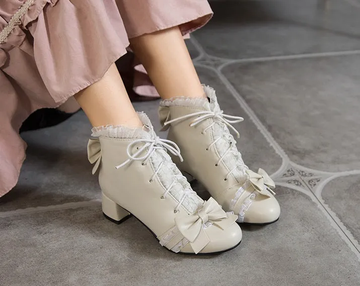 Sweet Princess Fairy Girl Bow Lace White Cream Pink High Heels Boots