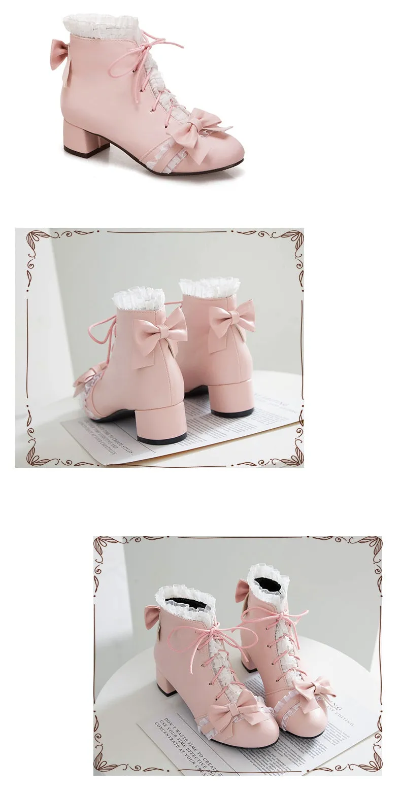 Sweet Princess Fairy Girl Bow Lace White Cream Pink High Heels Boots